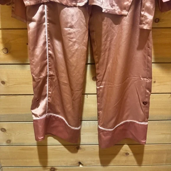 We are HAH Satin Pajama Set Pink Button Down Top Wide Leg ECO Friendly Sz Sm